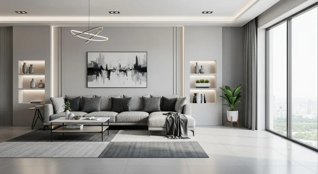 Open-plan gray living room with cohesive color flow and modern spacious layout