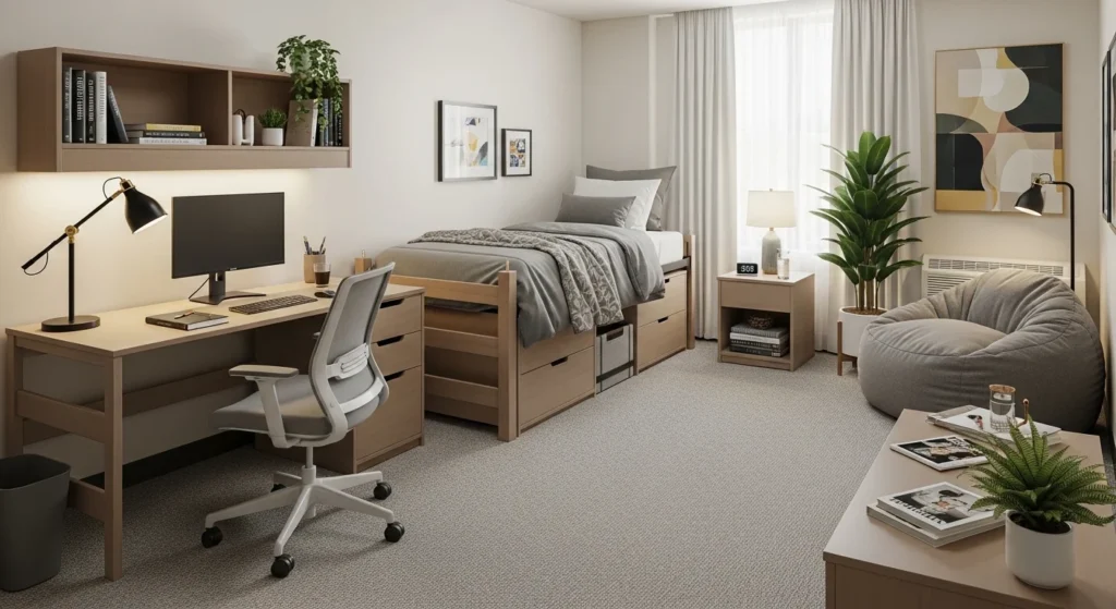 Dorm room with defined zones for study sleep and relaxation