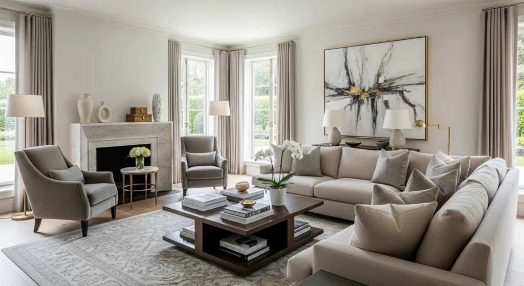 Timeless luxury living room design blending modern and classic elements