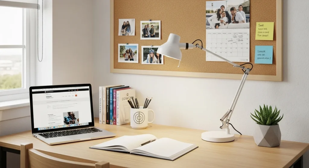 College dorm desk styled creatively with minimal decor and functional layout