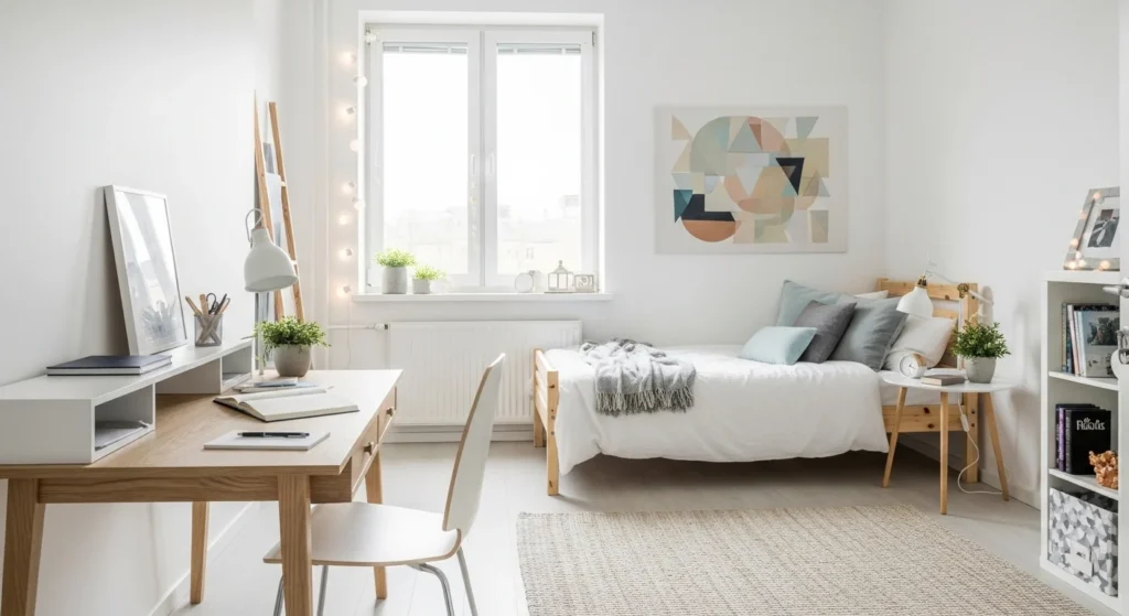 Teen bedroom with white walls and light wood furniture