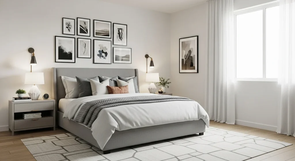 Bedroom featuring personalized gallery wall above the bed