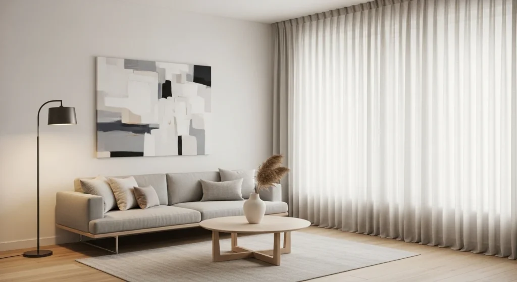 Living room with floor-to-ceiling neutral curtains and modern minimalist decor