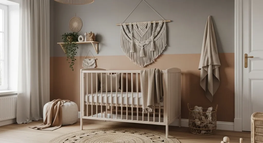 Japandi nursery with neutral tones, wooden furniture and simple decor