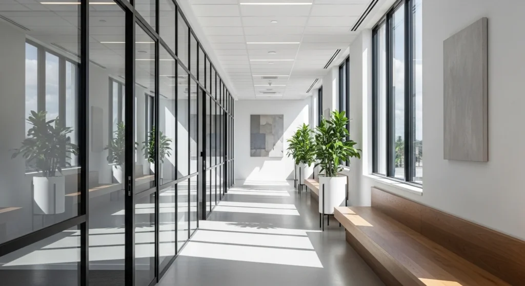 Contemporary hallway featuring glass partition walls and bright interior