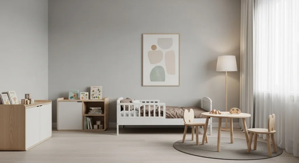 minimal toddler room with soft neutral colors and safe furniture