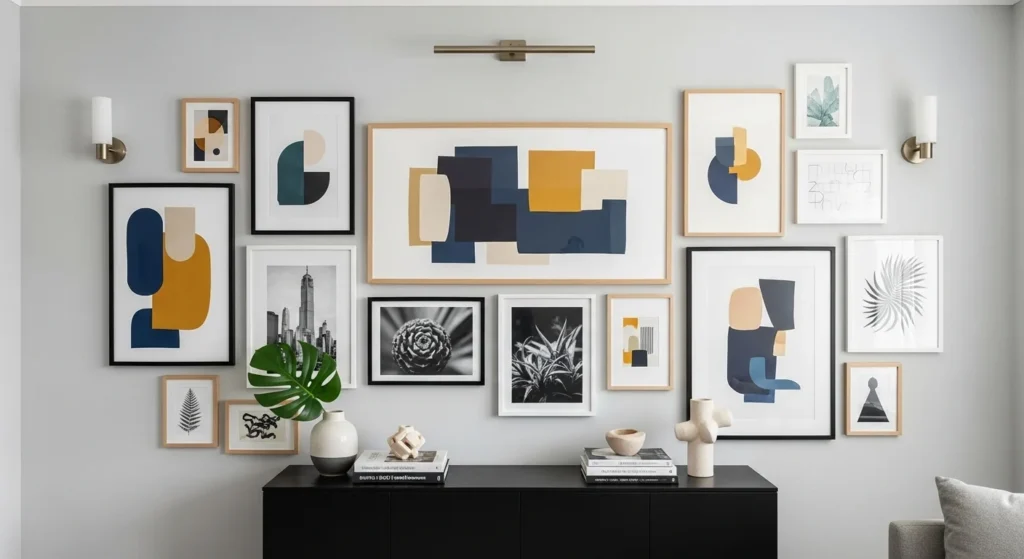 Apartment wall decorated with artistic photo gallery arrangement