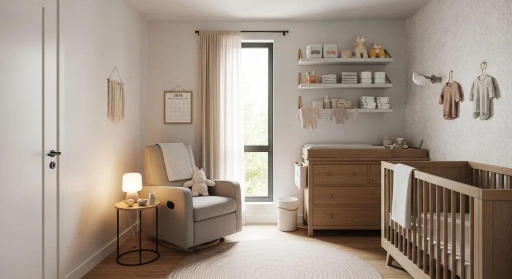 Practical nursery with nursing chair, organized changing station, cozy and functional 2026 baby room