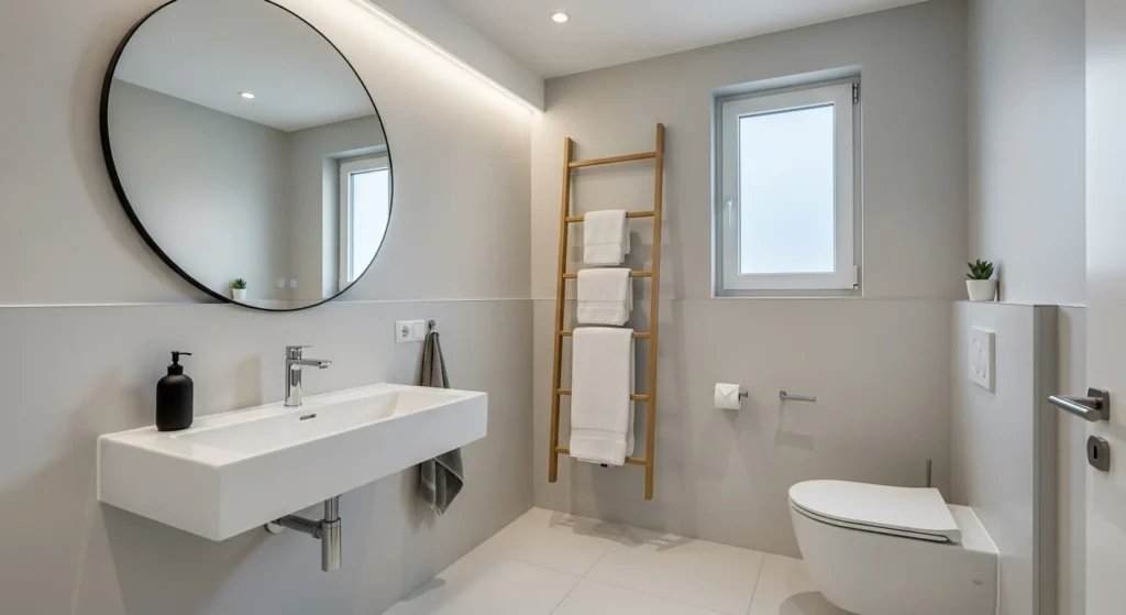 Small bathroom with floating ladder-style towel rack, minimal modern 2026 interior