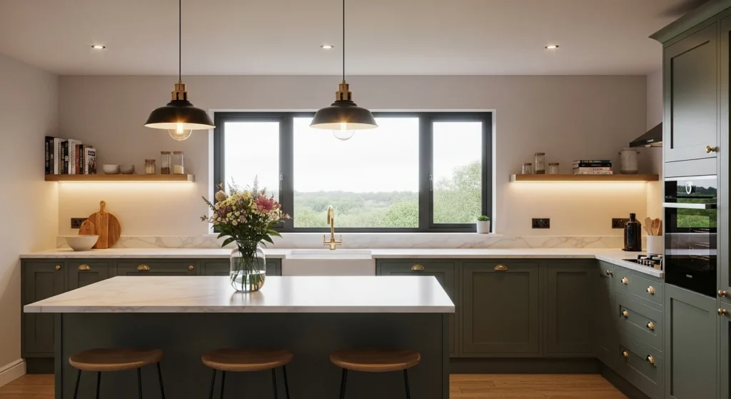 Cozy green kitchen enhanced with warm lighting creating inviting atmosphere