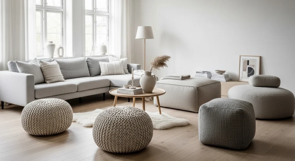 Scandinavian living room styled with neutral poufs and cozy seating accents