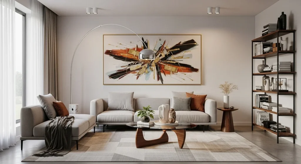 Contemporary wall art enhanced with LED backlighting for a futuristic living room design