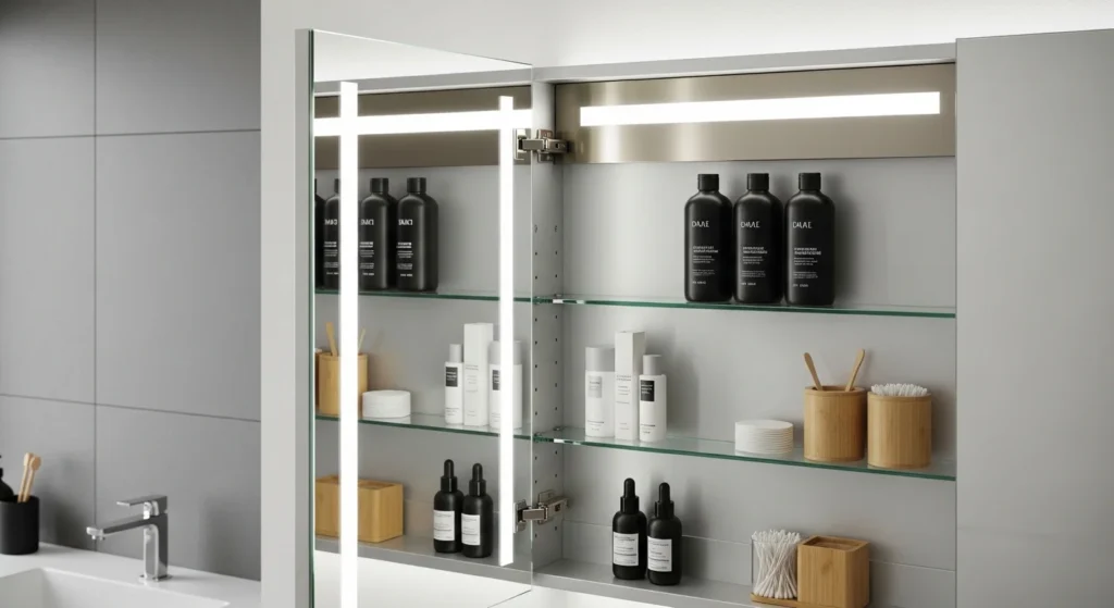 : open shelving styled with towels and decor for organized bathroom look