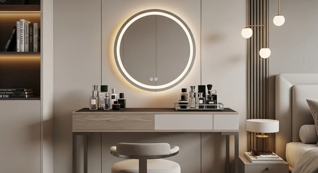 Elegant bedroom vanity table setup with mirror and soft lighting for daily use