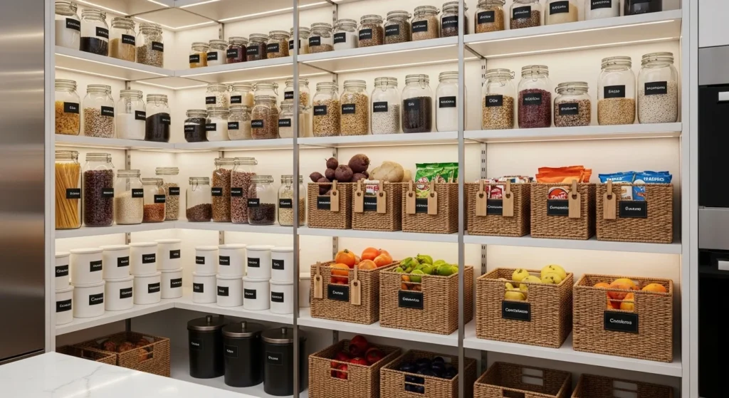 ood pantry with labeled containers and baskets for easy identification and daily use
