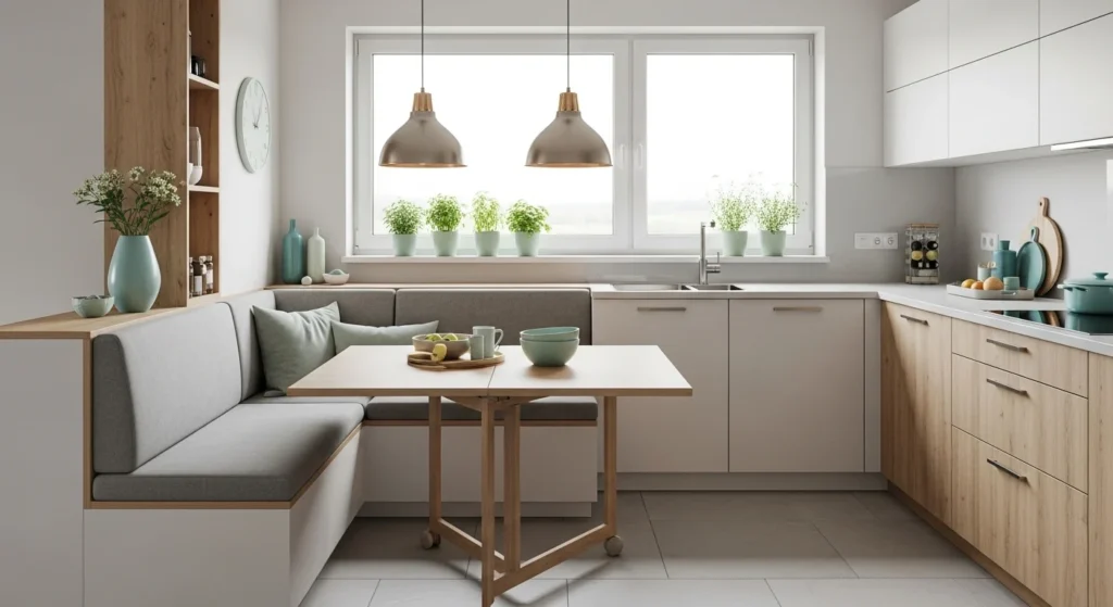 Modern kitchen with compact breakfast nook, built-in seating, foldable table, and pendant lighting in cozy 2026 style