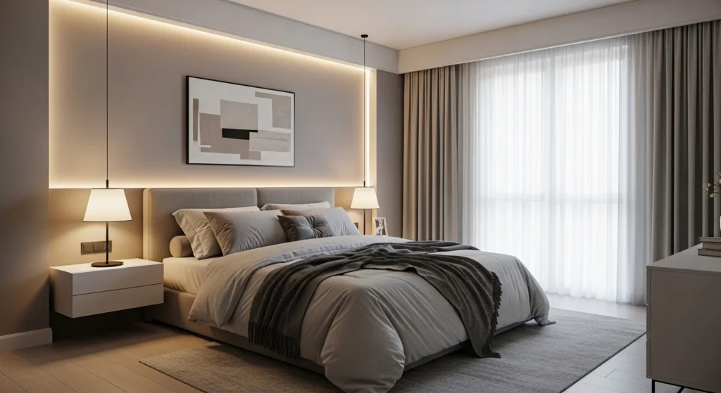 Master bedroom designed for comfort and calm with soft neutral colors and cozy bedding