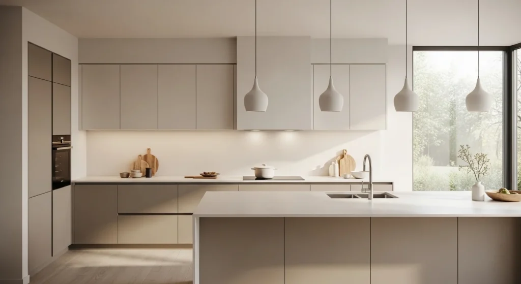 Modern kitchen using soft neutral color contrasts for balanced styling