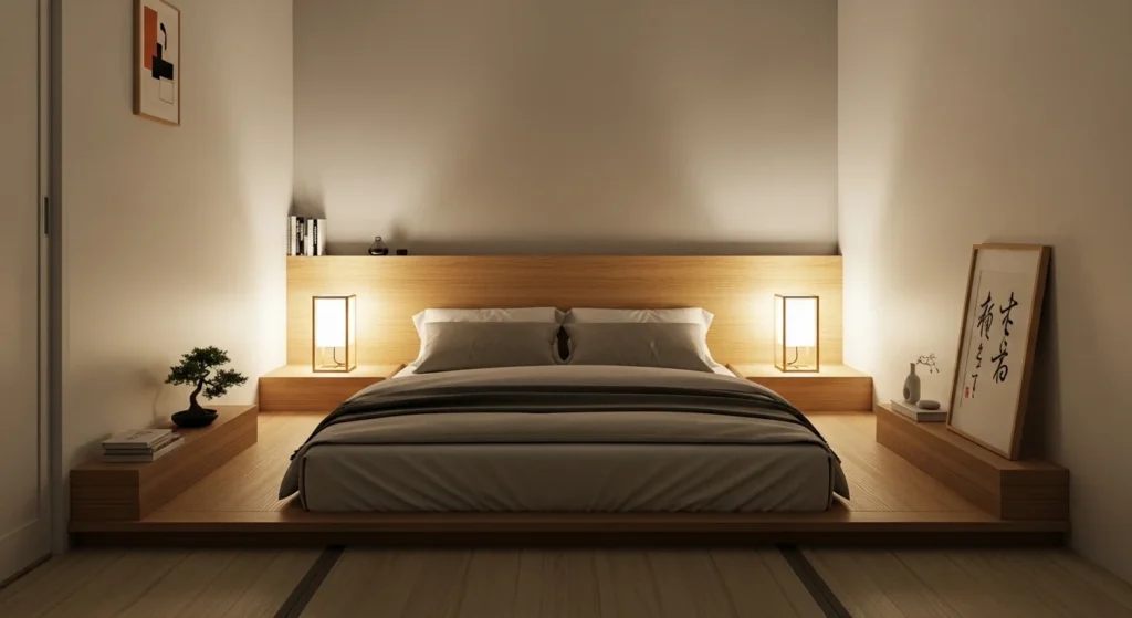 minimalist small bedroom with low platform bed making space feel taller and modern