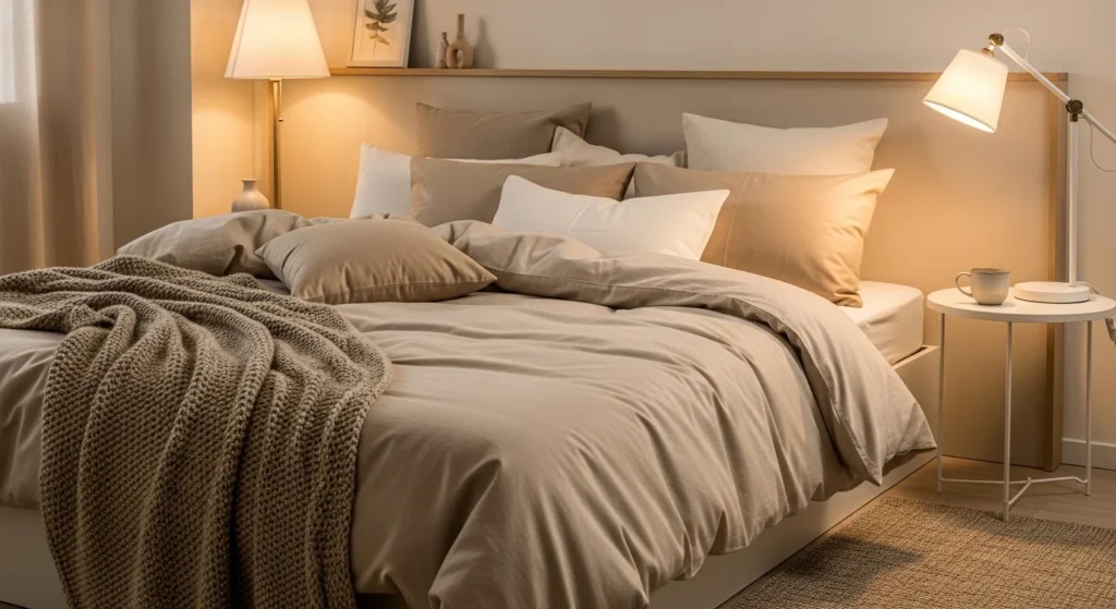 Peaceful neutral bedroom designed for daily relaxation with soft textures and warm tones.