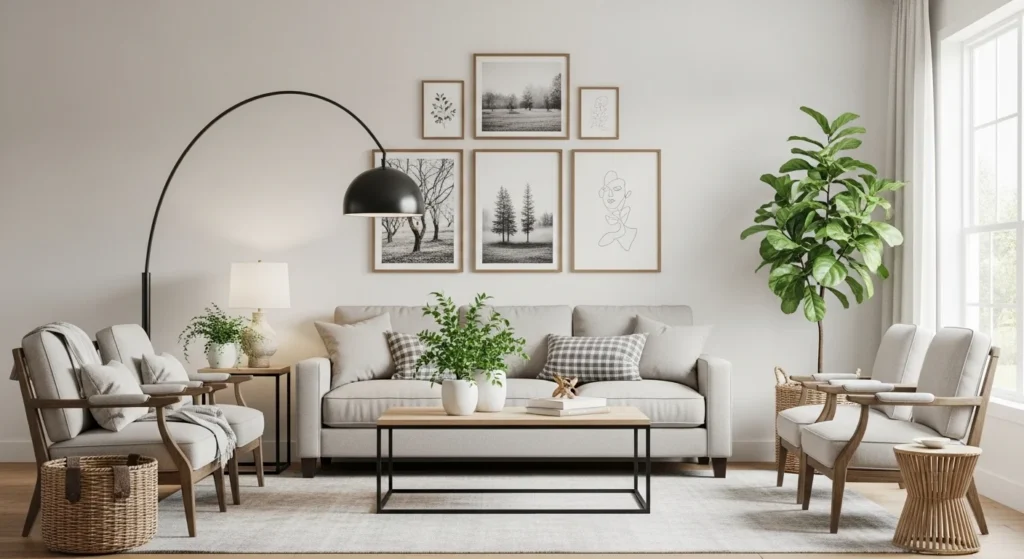 Cozy modern farmhouse white living room with rustic wood accents and warm textures