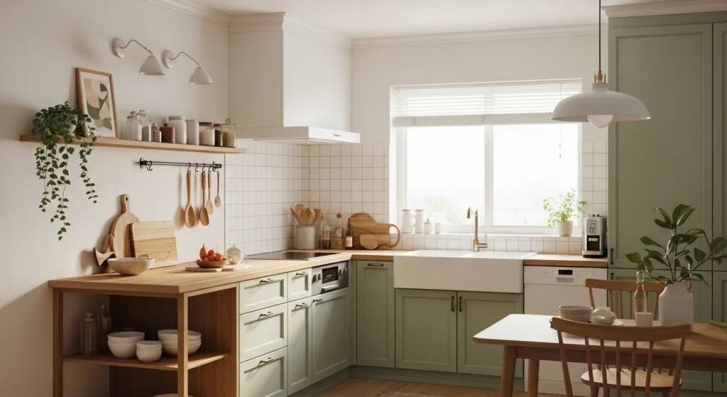 Cozy kitchen with soft green cabinets and warm natural accents
