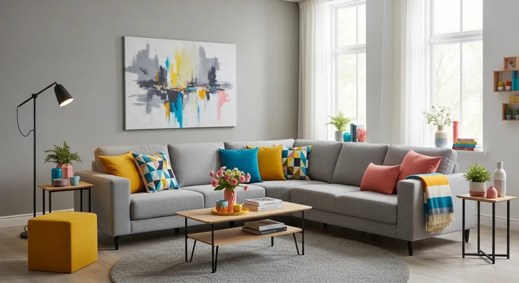 Gray living room enhanced with colorful cushions and décor accents.