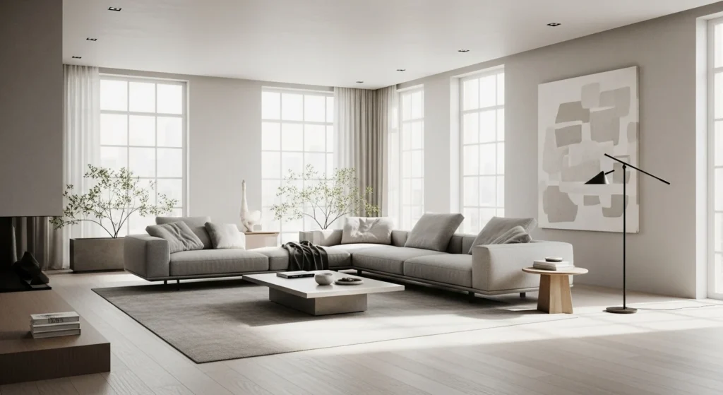 Apartment living room featuring low profile furniture creating spacious appearance