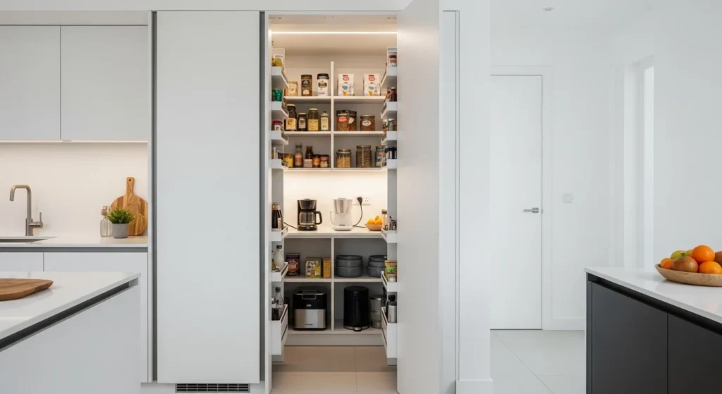 Walk-in pantry hidden behind a flush wall door creating a seamless modern kitchen design