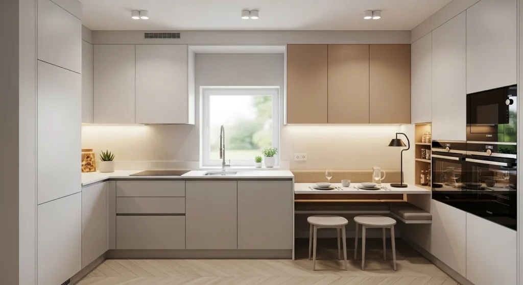 Minimal small kitchen layout with clean surfaces and organized storage for 2026 living