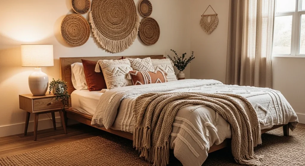 Guest bedroom with boho-inspired decor, warm earthy tones, and cozy textiles