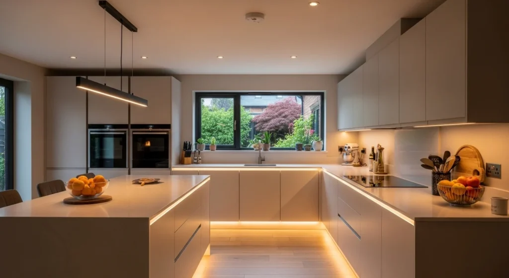 Modern kitchen with layered ambient lighting creating a warm and cozy atmosphere.