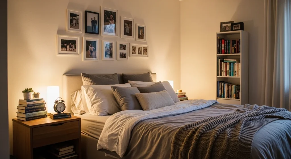 Cozy bedroom decorated with personal photos and meaningful decor items