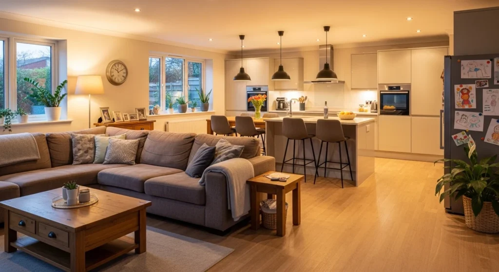 Comfortable open kitchen living room designed with durable materials for family living