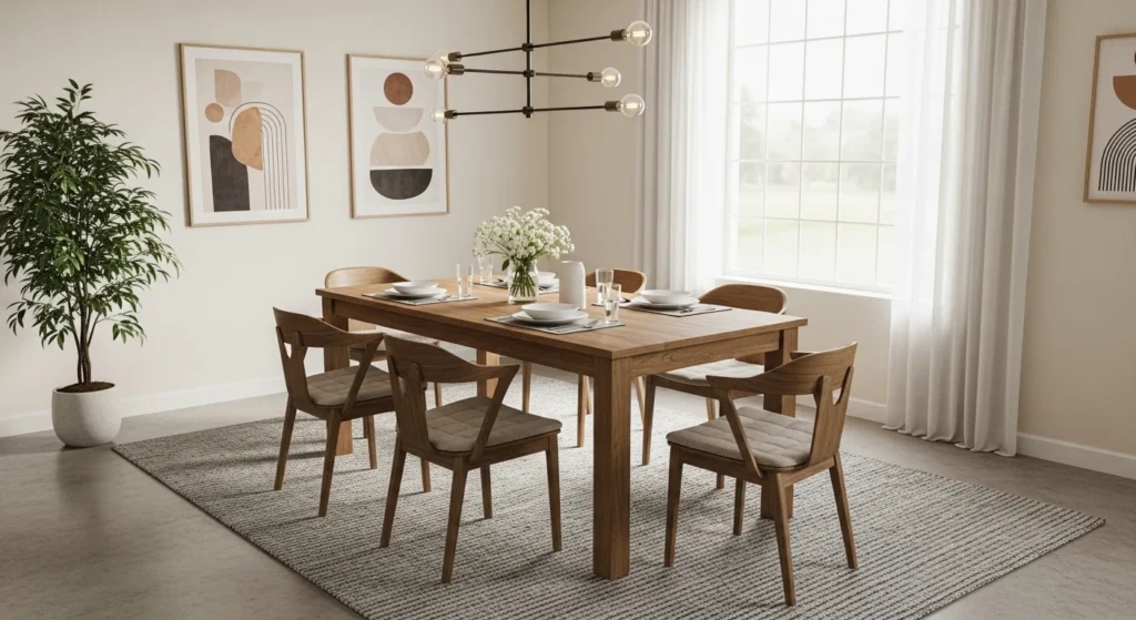 Cozy modern dining room designed for daily comfort and practical living