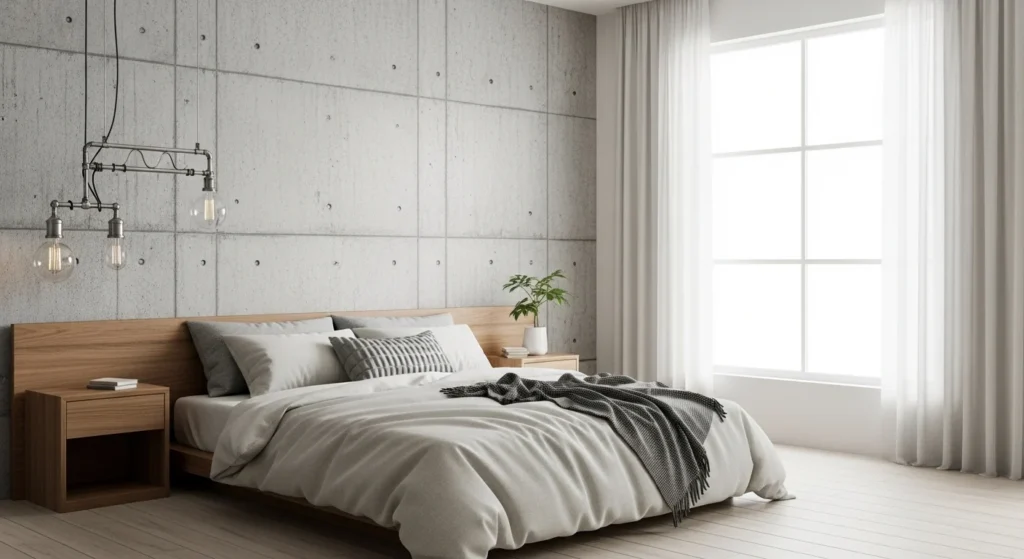 Modern minimalist bedroom featuring concrete textures and soft neutral decor