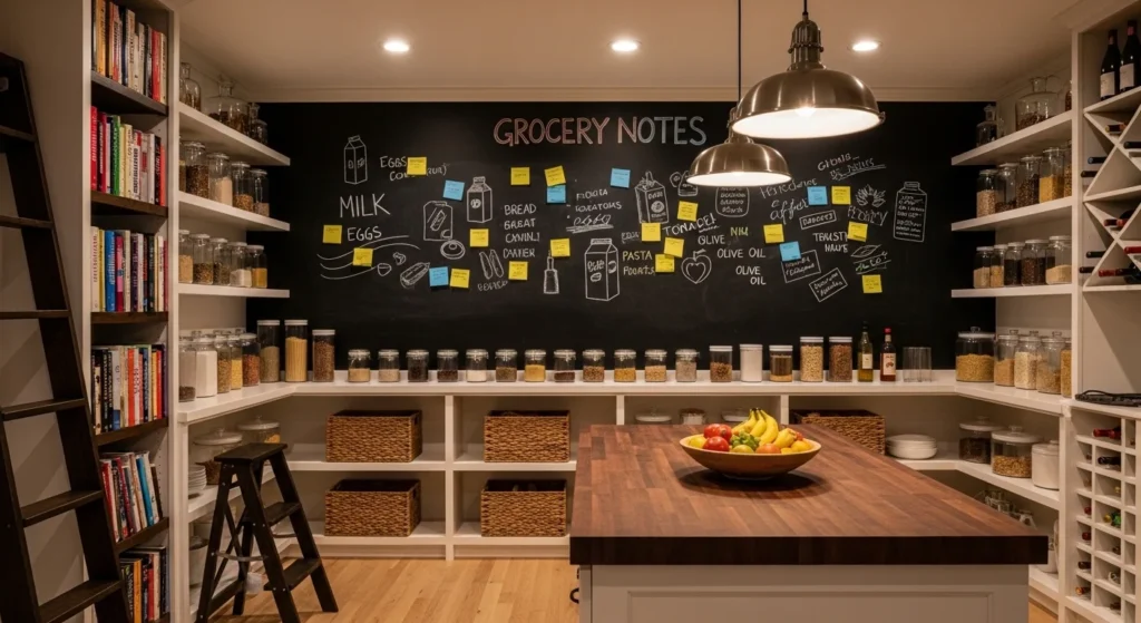 pantry featuring chalkboard wall for grocery lists and meal planning