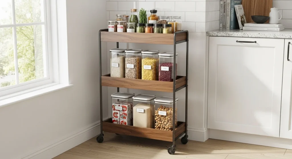 Movable pantry cart used for additional kitchen storage organization.