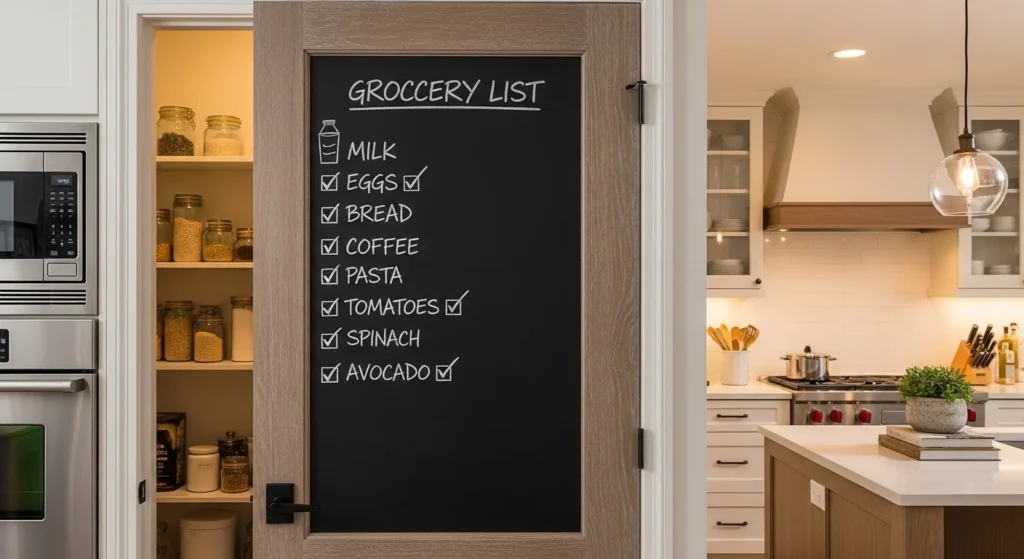 Kitchen pantry featuring a chalkboard door used for grocery lists and notes