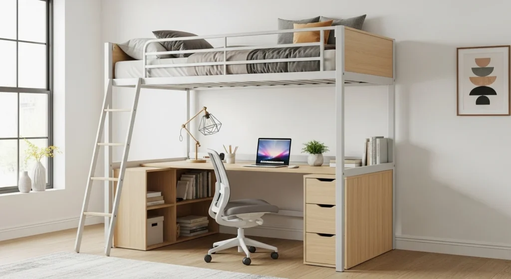 Loft bed featuring integrated study desk underneath, organized workspace in small 2026 bedroom