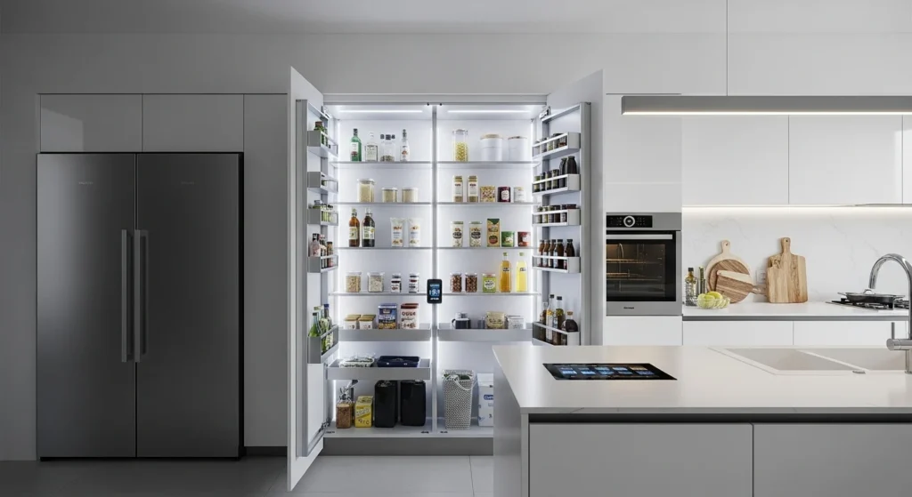 Futuristic hidden pantry with smart lighting and automated storage in a modern 2026 kitchen.