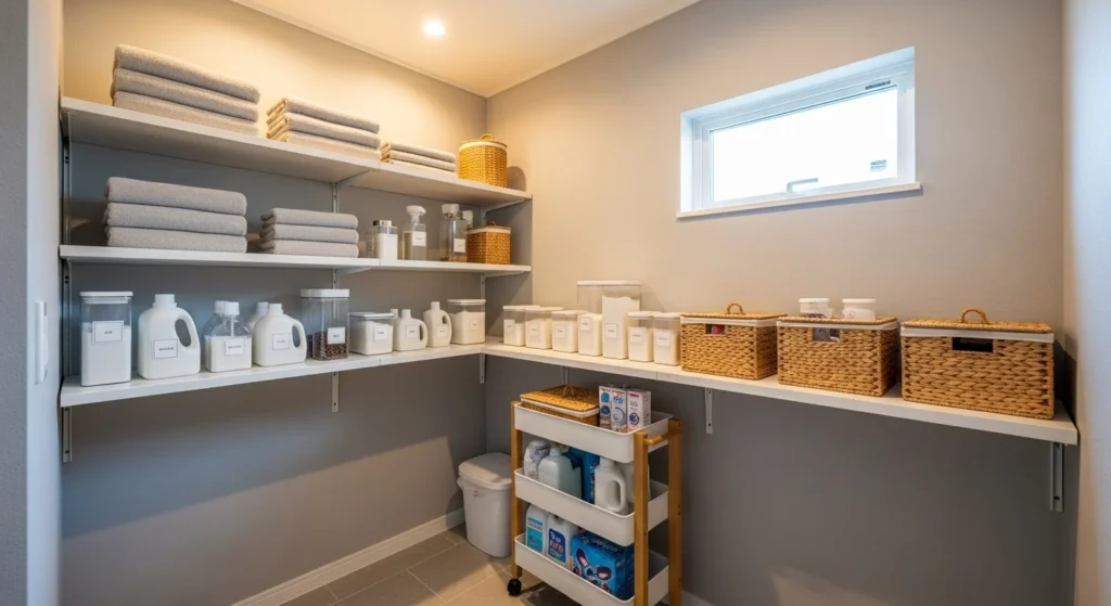 Laundry room pantry featuring movable rolling storage cart for flexibility