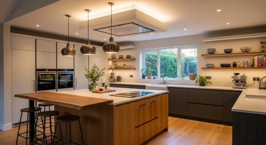 -shaped kitchen with central wooden island, ample storage, modern cozy 2026 interior