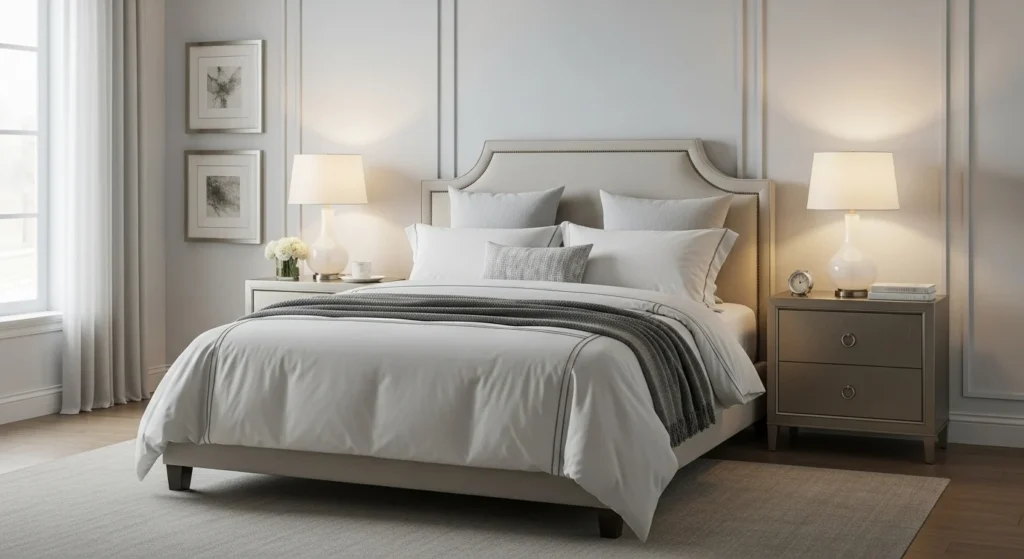 Plush upholstered bed with soft headboard, neutral bedding, cozy 2026 bedroom