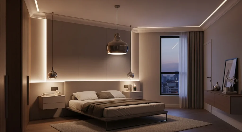 Bedroom with layered ambient lighting including pendant lights and LED strips