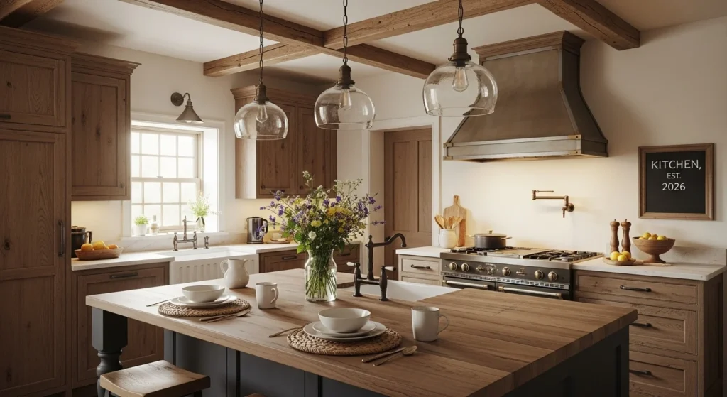 Rustic walnut kitchen with textured cabinets and warm lighting, cozy 2026 interior