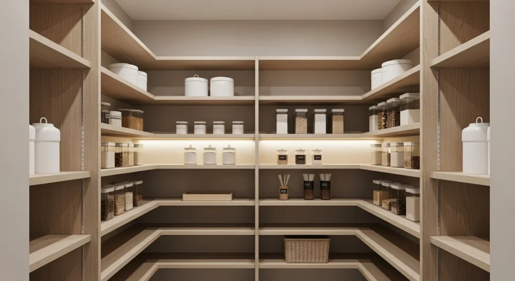 Minimalist walk-in pantry with clean shelves, neutral tones, and uncluttered organization