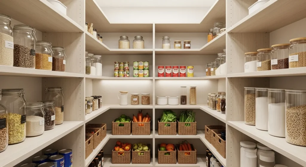 Slim narrow walk-in pantry with open shelving creating an airy and modern look