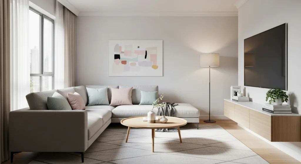 Compact living room styled with soft color accents over a neutral modern base