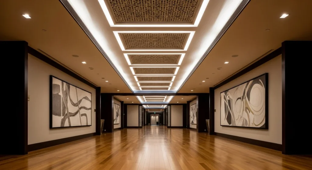 Hallway with stylish ceiling panels and recessed lighting